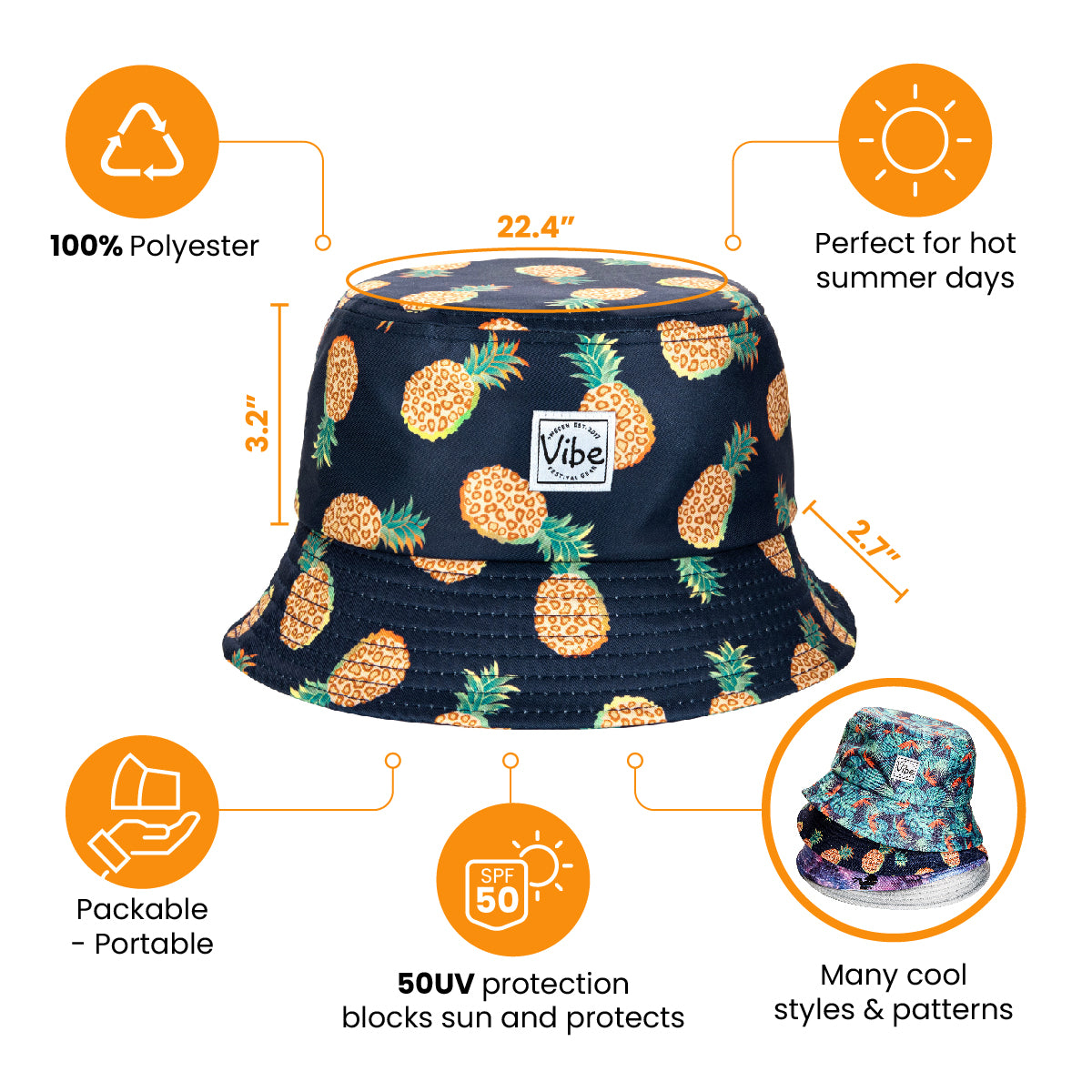 Chapeau Bob Pêcheur Ananas Noir – Style Décontracté Unisexe, Taille Unique, Pliable & Léger